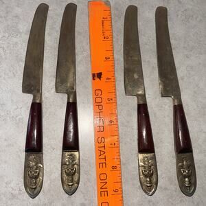 Vintage Buddha Bronze Knife 4 Piece Flatware Set Rare Asian Siam Thai MCM